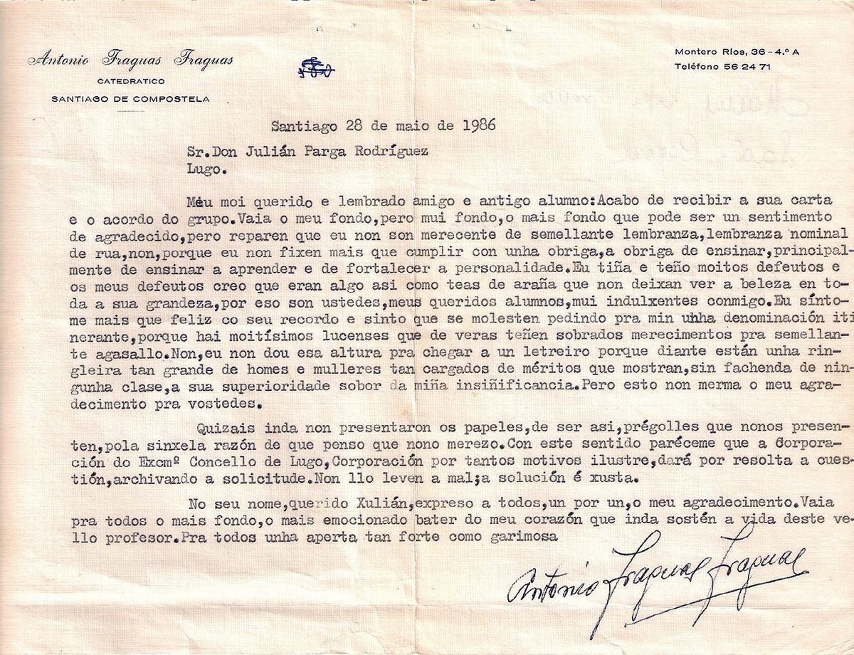 Carta de Fraguas rexeitando a titularidade dunha rúa en Lugo